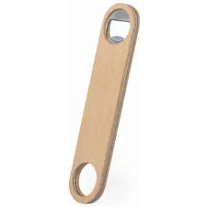 A wooden bottle opener with two circular openings, featuring a smooth finish. It has a metallic bottle cap remover at one end.