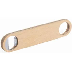 A bottle opener in a sleek wooden design with two circular openings. The product features a simple, natural finish.