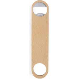 A wooden bottle opener featuring a metal cap remover at each end. It has a smooth, natural wood finish.