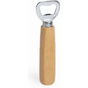 A bottle opener with a stainless steel head and a wooden handle, featuring a simple, ergonomic design.