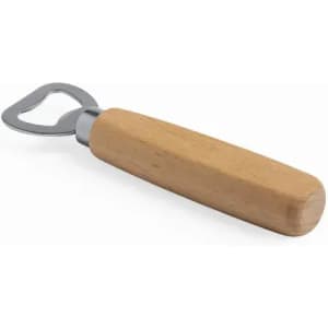 A bottle opener with a metal head and a wooden handle, featuring a smooth, rounded end.