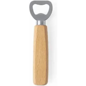 A bottle opener with a wooden handle and a metal opener. It has a simple and classic design.