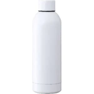 A drink bottle in a sleek white design with a black lid and a branding logo on the surface.