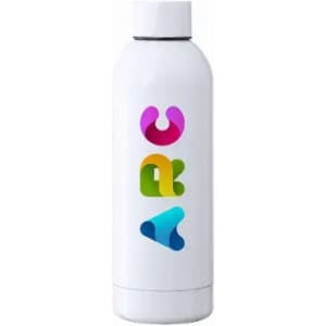A drink bottle in white featuring a multicoloured logo.