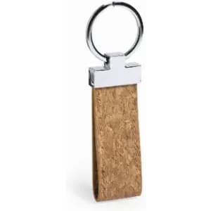 A keyring featuring a cork rectangular body with a silver metal attachment.
