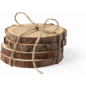A stack of wooden coasters tied together with twine, showcasing natural wood grain and texture.