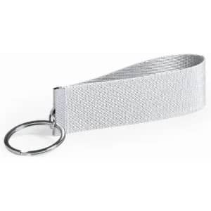 A keyring made of silver metallic material with a textured strap and a circular metal ring.