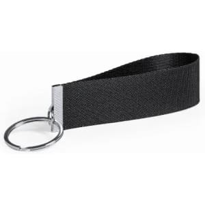 A black strap keychain featuring a metal ring, designed for holding keys or small items.