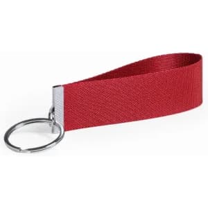 A red fabric keychain with a metal ring and a flat strap for easy gripping.