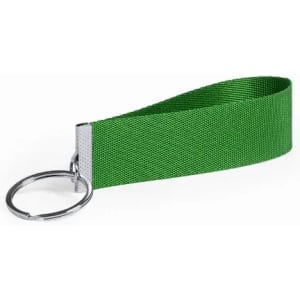 A green keychain with a fabric strap and a metal ring. Simple and functional design.