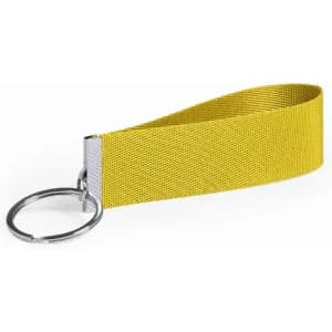 A keyring featuring a yellow fabric strap and a metal ring for attachment.
