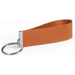 An orange fabric keyring strap with a metal ring at one end.