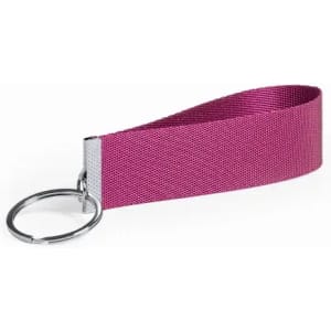 A keyring fob with a magenta fabric strap and a metal ring, designed for holding keys or accessories.