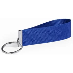 A blue fabric keychain strap with a metal ring for attaching keys or other items.