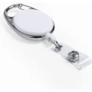 A retractable badge holder with a circular white body and a metal clip for attachment.