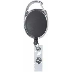 A retractable badge reel with a black circular holder and a silver clip, featuring a clear strap for securing badges.