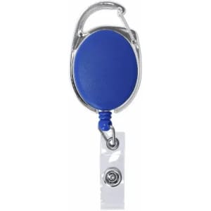 A blue badge reel with a silver clip and a clear retractable cord.