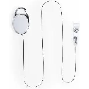 A silver badge reel with a retractable cord, featuring a clip for attachment and a round casing.