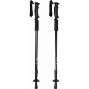 A pair of black trekking poles with ergonomic grips and adjustable straps. They feature a sleek, sturdy design.