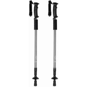 A pair of trekking poles with black grips and adjustable metal shafts, featuring rubber tips and straps.