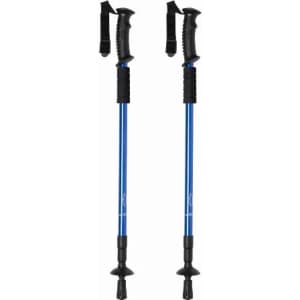 Two trekking poles with black grips and blue shafts, featuring adjustable wrist straps and rubber tips.