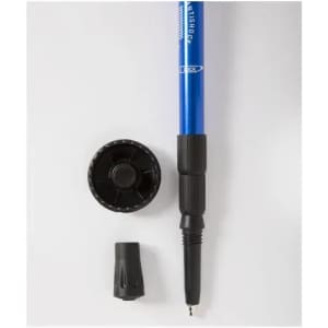 A blue pen with a removable cap and a black barrel, displayed with its twist-off cap beside it.
