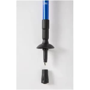 A blue trekking pole with a rubber grip and a removable tip. It features a black circular base and a pointed end.