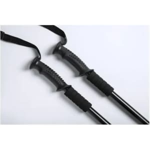 A pair of hiking poles with black grips and straps, featuring a sleek, sturdy design.