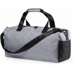 A grey duffle bag with a padded shoulder strap and mesh side pocket. Designed for convenience and style.