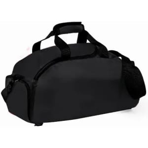 A black duffel bag with dual handles and a detachable shoulder strap, featuring a zippered compartment.