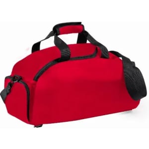 A red sports bag with black straps and a zippered pocket on the side. It features sturdy handles for carrying.