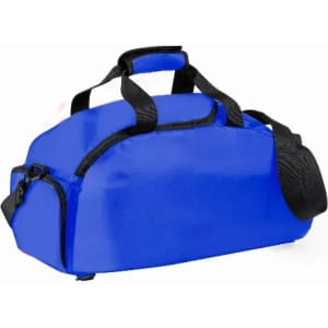 A blue duffle bag with black straps and a zipper compartment. It features a logo on the side.