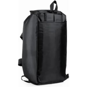A black backpack with a simple design, featuring adjustable straps and a sturdy exterior.