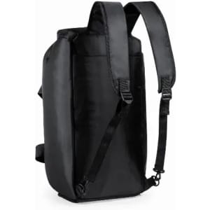 A black backpack with adjustable straps and a sleek design, featuring a side pocket and a branded logo.
