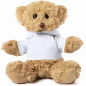 A plush teddy bear with brown fur, wearing a white hoodie, sitting upright. The bear has shiny black eyes.