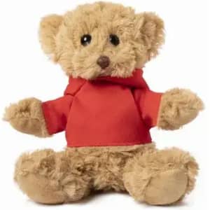 A teddy bear with a fluffy light brown body wearing a red hoodie, featuring black eyes and a stitched nose.