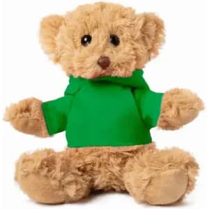 A teddy bear with a tan fur body, wearing a green hoodie, sitting with its arms outstretched.