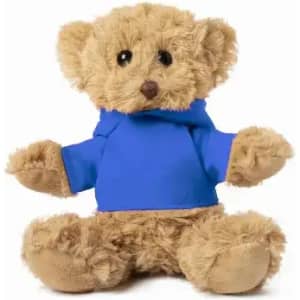 A plush teddy bear with brown fur wearing a blue hoodie, sitting upright with outstretched arms.