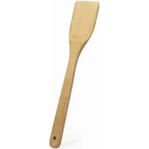A wooden spatula with a flat head and long handle, showcasing a natural bamboo finish.