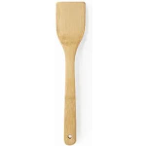 A bamboo spatula with a flat head and a long handle, featuring a hole for hanging.