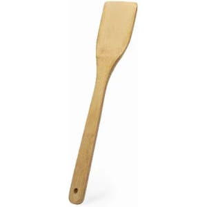 A bamboo spatula with a flat, rectangular head and a long handle, featuring a hole for hanging.