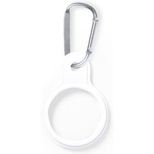 A white circular keyring with a metal carabiner attachment. Designed for easy carrying and organisation.