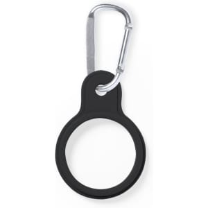 A black silicone keyring with a metal carabiner attached for securing keys or small items.