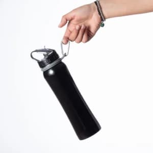 A drink bottle in sleek black, featuring a removable lid and a metal clip for easy carrying.