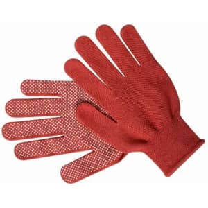 Red gloves with a textured surface and dotted grips, displayed palm-up and palm-down.