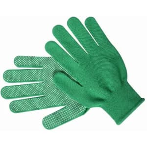 A pair of green rubber gloves with a textured grip and five-finger design.