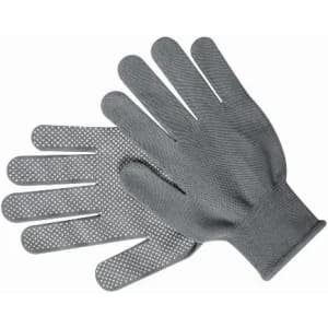 A pair of grey heat-resistant gloves with textured grip dots on the palms and fingers.
