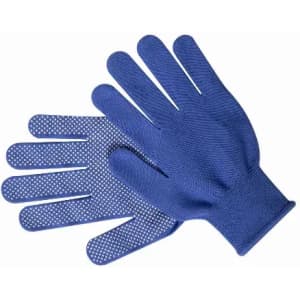 A pair of blue gloves with textured palms and fingers, featuring a dotted grip design.