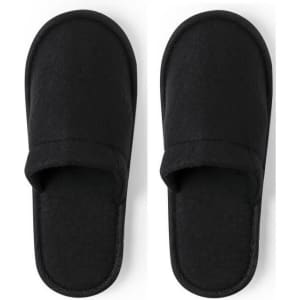 A pair of black, fuzzy slippers with a simple design, featuring open toes and a comfortable fit.