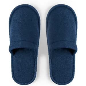 A pair of dark blue slippers with a soft texture and open toe design.